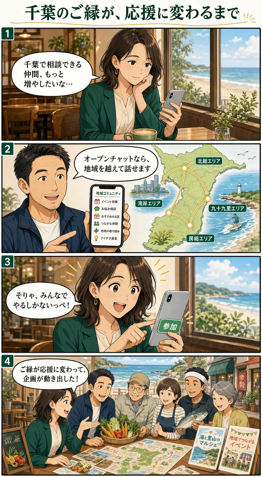 千葉のご縁が応援と地域企画に変わる4コマ漫画